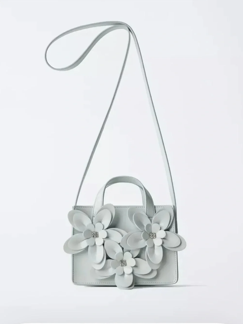 Zara Girls' Floral And Rhinestones Applique Crossbody Bag - Light Blue NWT